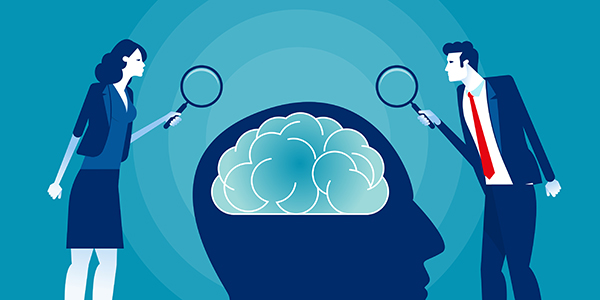 Illustration of a man and woman using magnifying glasses to look at a brain.